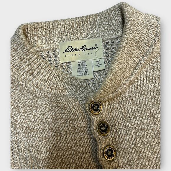 Vintage Eddie Bauer USA Made Cotton Henley Sweater Mens M Tan Knit Pullover V08 - Picture 2 of 4
